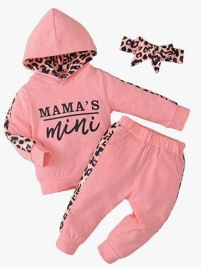 Pink "Mama's Mini" Hoodie Outfit Set with Leopard Trim